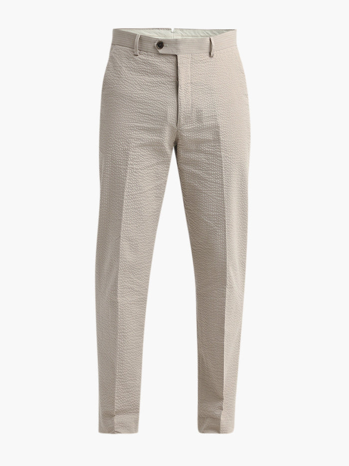 Beige Seersucker Tailored Trousers