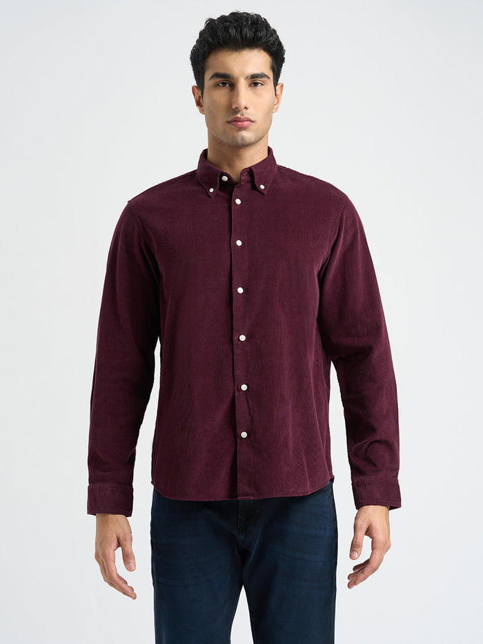 Button Down Collar Corduroy Shirt - Burgundy