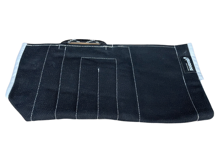 Black RADDOG Nylcot dog training sleeve cover in black with white reinforced trim, white stitching, and a black cord handle.