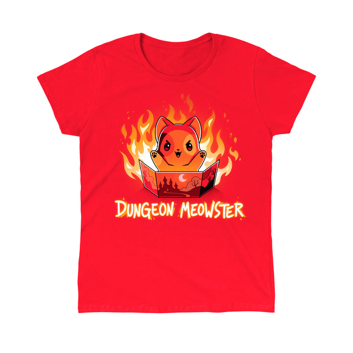 Classic Cotton T-shirt_TeeTurtle Dungeon Meowster red apparel featuring a cartoon red cat surrounded by flames with an evil look on its face holding a book that has a castle, moon and trees on the cover with Dungeon Meowster written underneath.