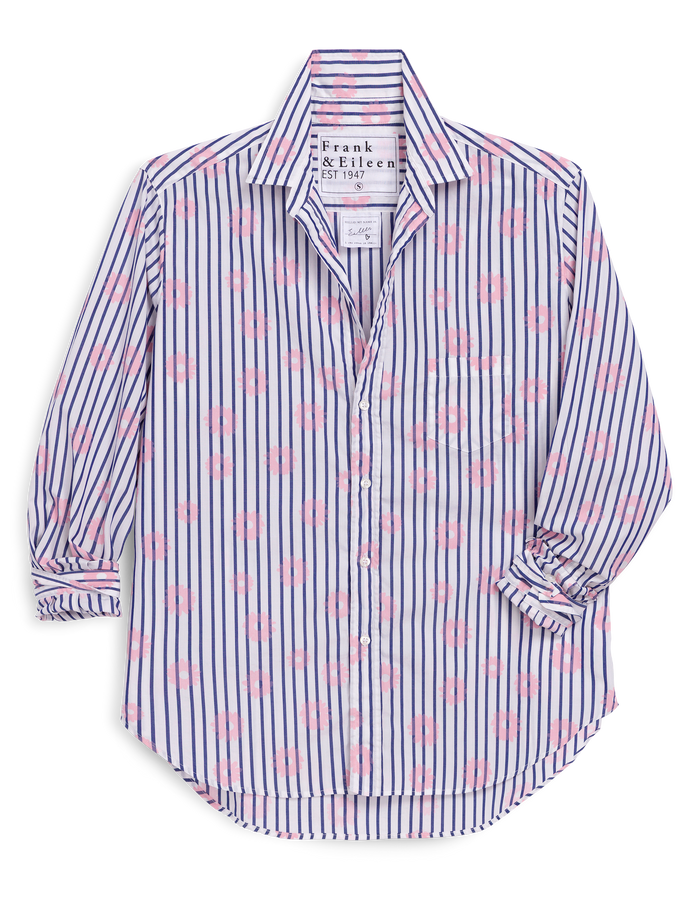 Striped shirt with pink floral pattern on a white background