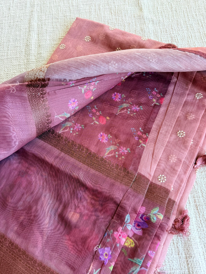 Emb and printed chanderi saree - Peach