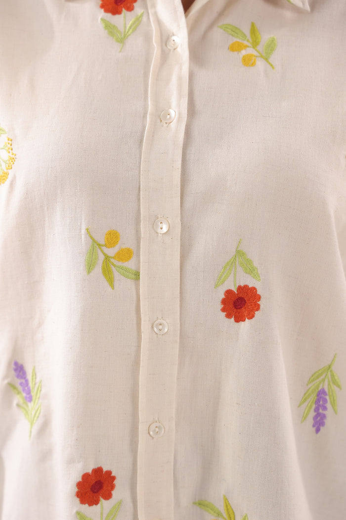 Ivory Meadow Embroidered Cotton Flex Shirt