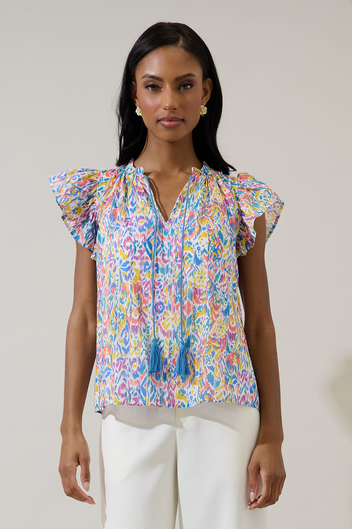 Malva Abstract Deniza Split Neck Ruffle Top