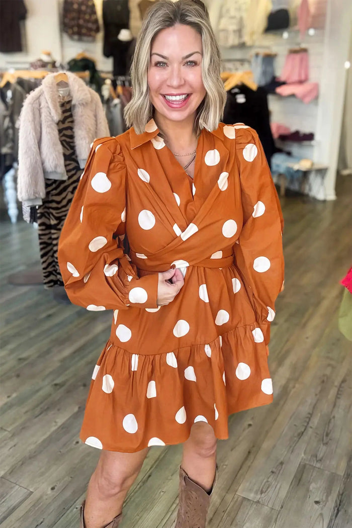 Polka Dot Long Sleeve Tie Waist Casual Shift Mini Dress – Brown