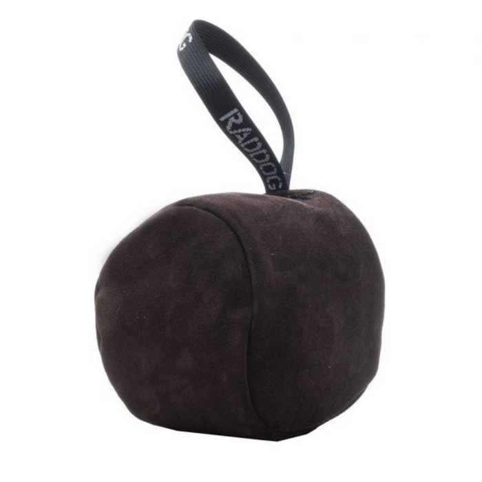 A large brown leather dog toy with a loop handle, part of the Raddog collection.