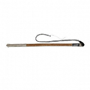 Long brown dog training tug with a textured bite surface, featuring a light beige handle on one end and a black strap with loop handle on the other, displayed against a plain light background.