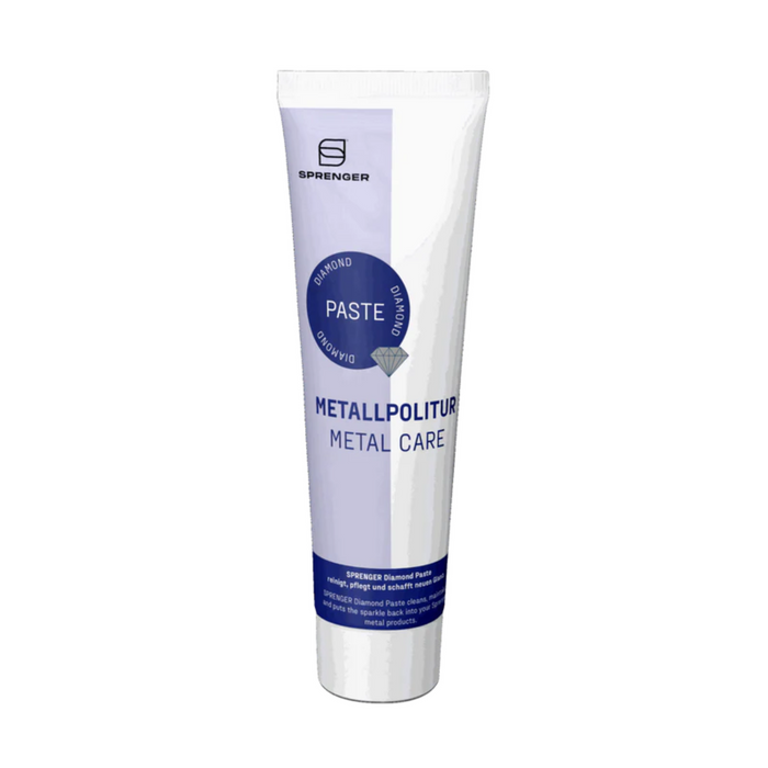 Tube of Sprenger metal care paste on a white background.