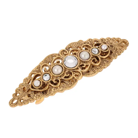 1928 Jewelry - Filigree Crystal & Faux Pearl Hair Barrette