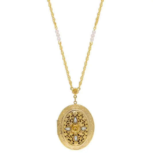 1928 Jewelry - Oval Flower Faux Pearl Locket Necklace