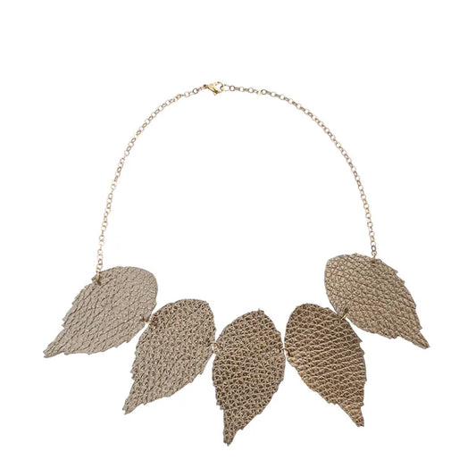 5 Leather Leaf Necklace Gold
