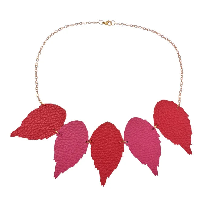 5 Leather Leaf Necklace Red and Pink