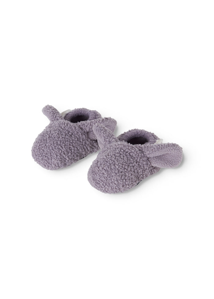 Pink teddy bear baby shoes with soft plush upper and folded cuff.