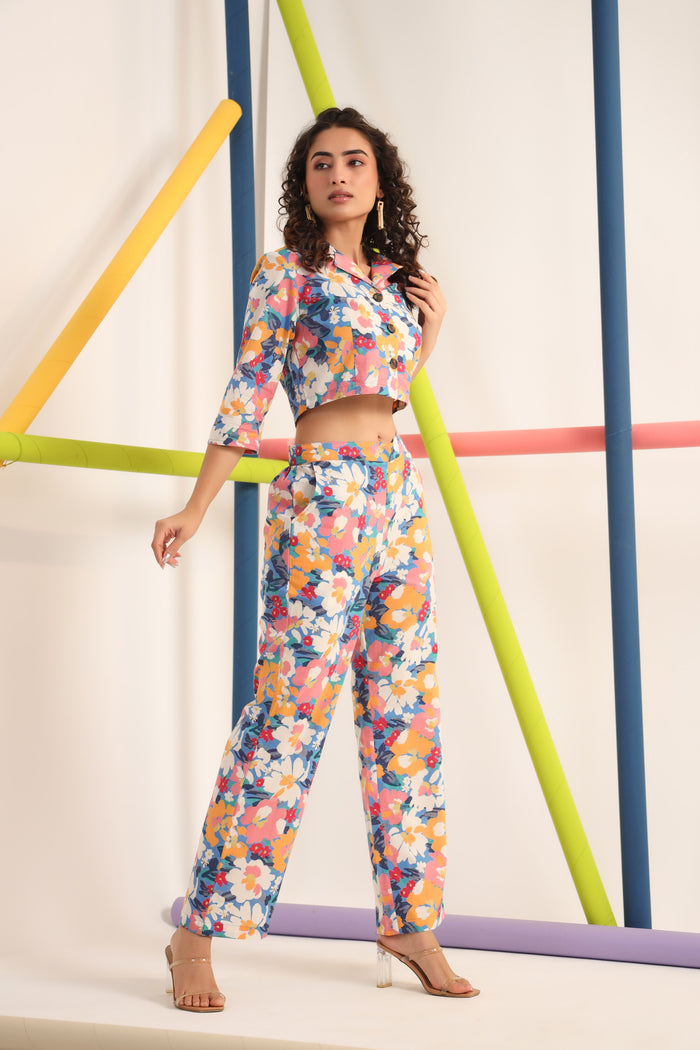 Abstract Floral On Buttoned Cotton Co-ord Set