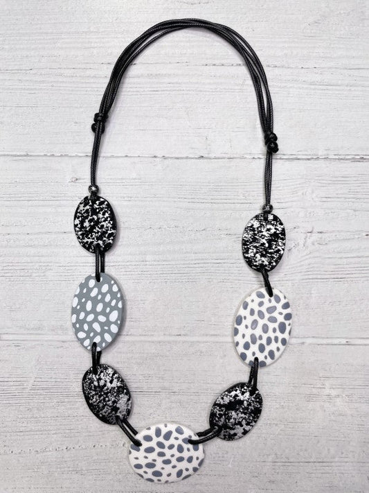 Alisha D Long Statement Necklace Adjustable Cord White Gray Dots