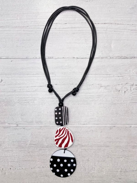 Alisha D Necklace Circle Pendant Adjustable Cord Polka Dots White