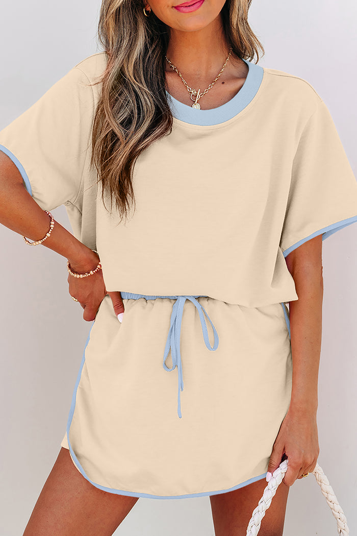 Apricot Colorblock Edge Drop Shoulder T Shirt and Skort 2Pcs Set – Beige