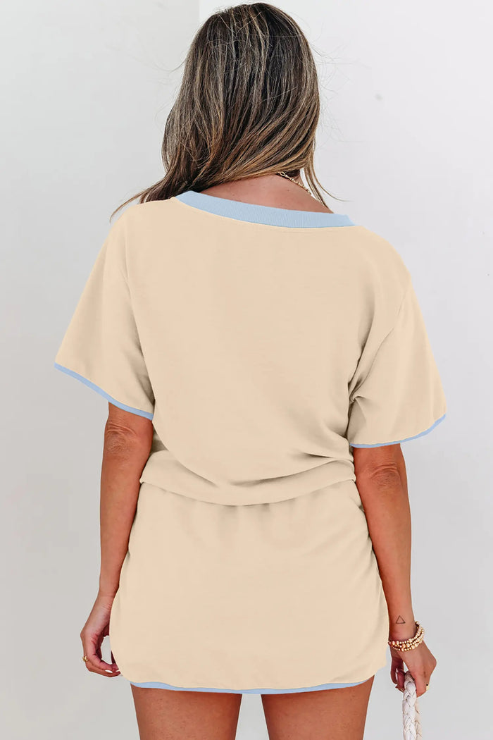 Apricot Colorblock Edge Drop Shoulder T Shirt and Skort 2Pcs Set – Beige