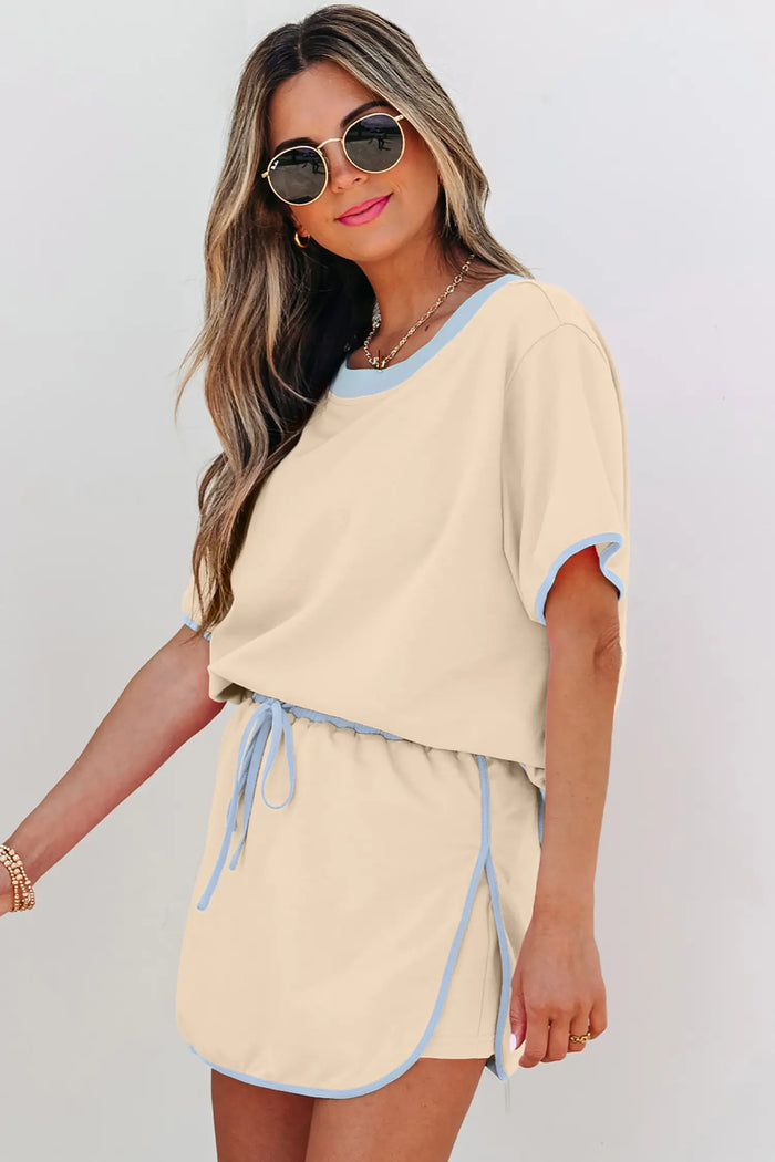 Apricot Colorblock Edge Drop Shoulder T Shirt and Skort 2Pcs Set – Beige