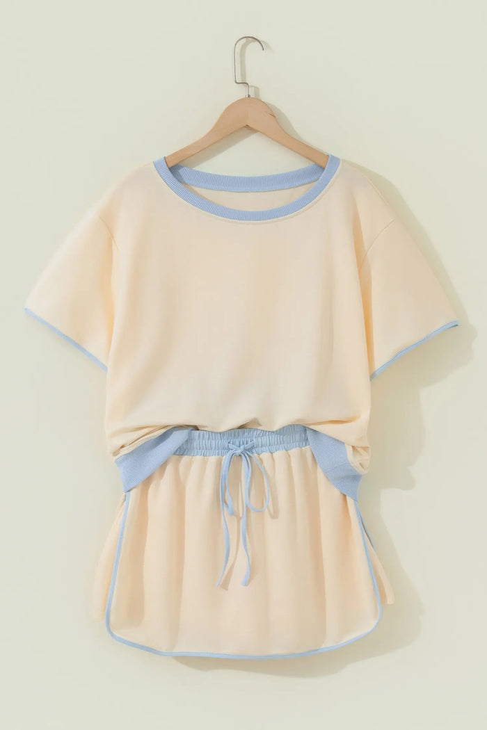 Apricot Colorblock Edge Drop Shoulder T Shirt and Skort 2Pcs Set – Beige