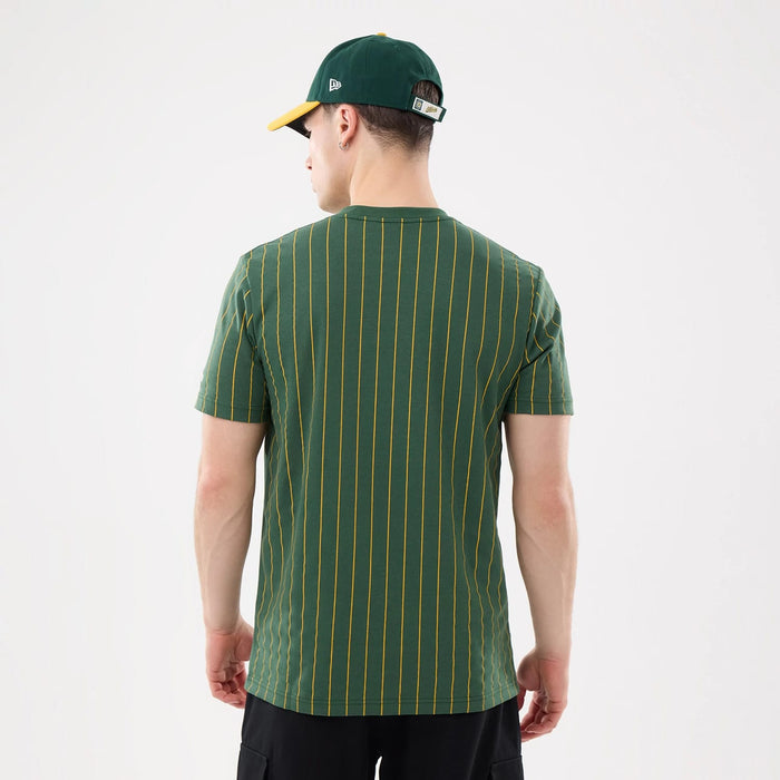 The model is wearing this MLB Pinstripe Athletics T-Shirt in dark green. 2