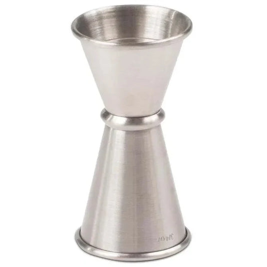 Silver Japanese Style Jigger 1/2 and 3/4 oz shown on white silo background.