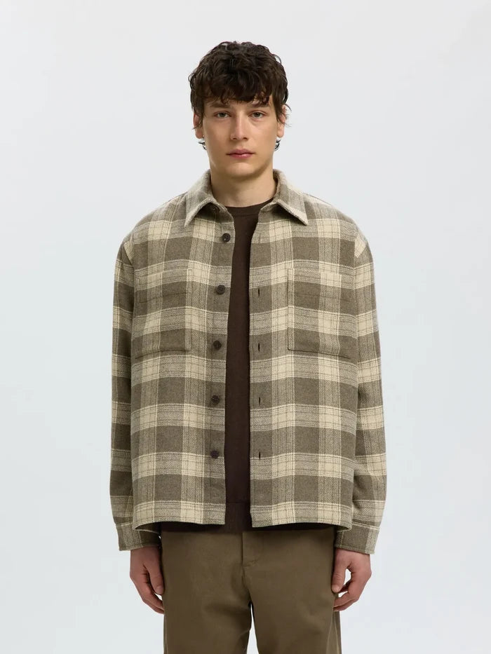 Beige Check Wool Blend Overshirt