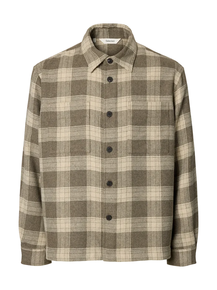 Beige Check Wool Blend Overshirt