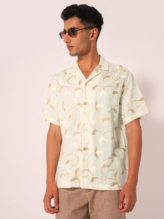 Beige Embroidered Cuban Collar Shirt