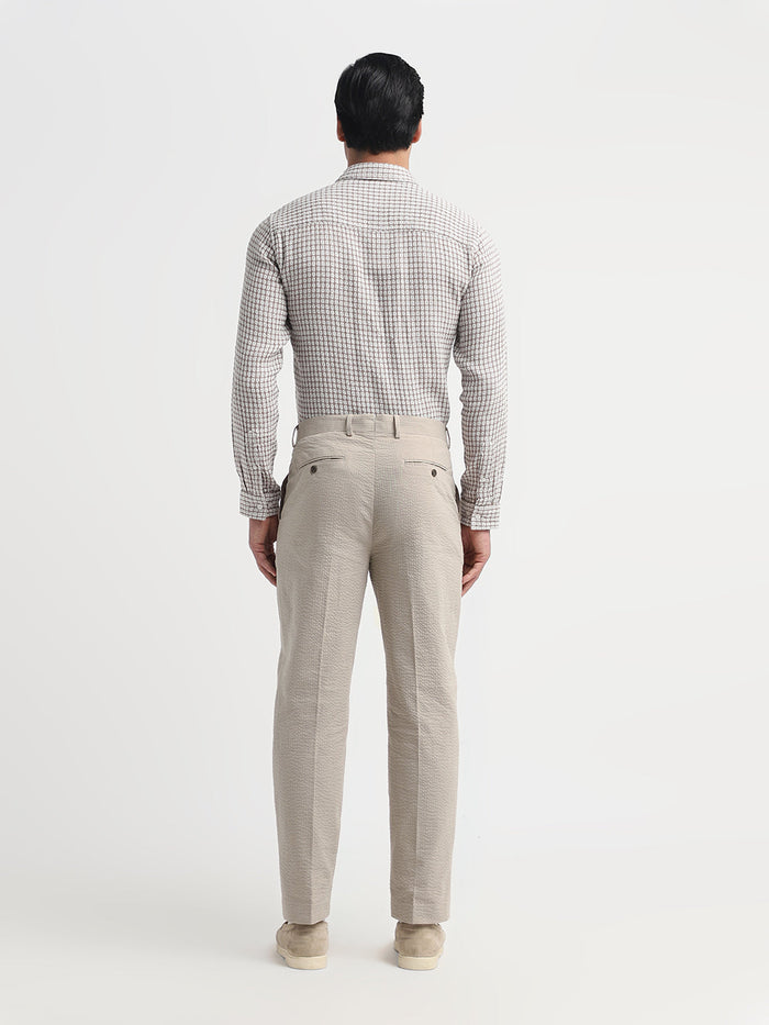 Beige Seersucker Tailored Trousers
