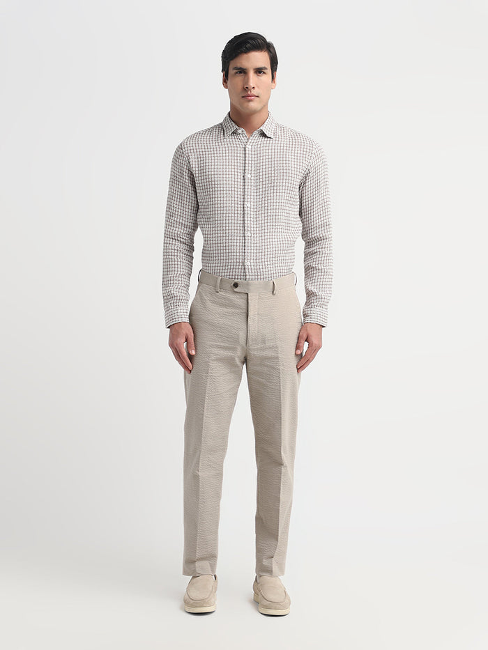 Beige Seersucker Tailored Trousers