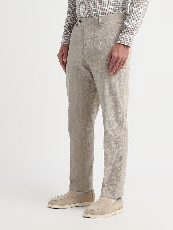Beige Seersucker Tailored Trousers