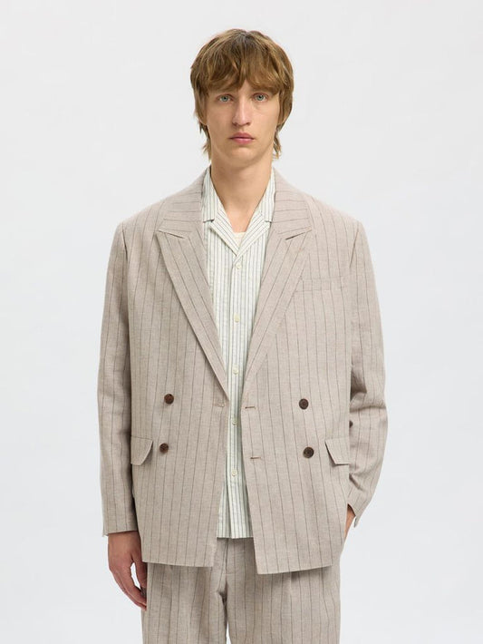 Beige Striped Double Breasted Blazer