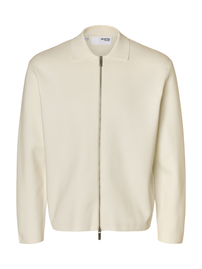 Beige Zip-Up Knitted Cardigan