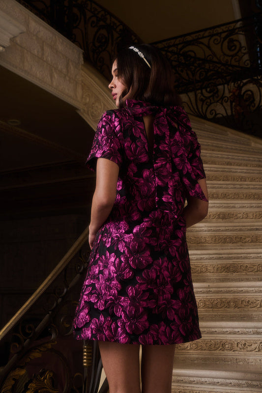 Bethan Jacquard Floral Nova Back Bow Tie Mini Dress