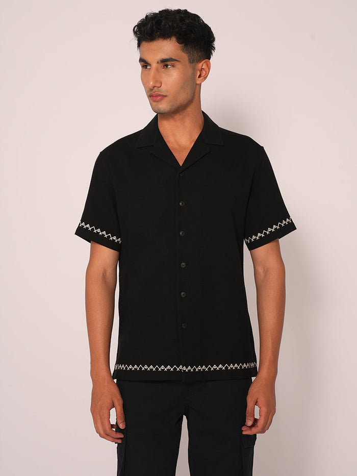 Black Cuban Collar Cotton Shirt