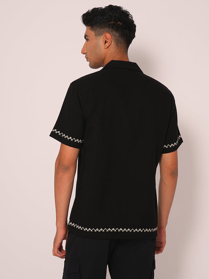 Black Cuban Collar Cotton Shirt