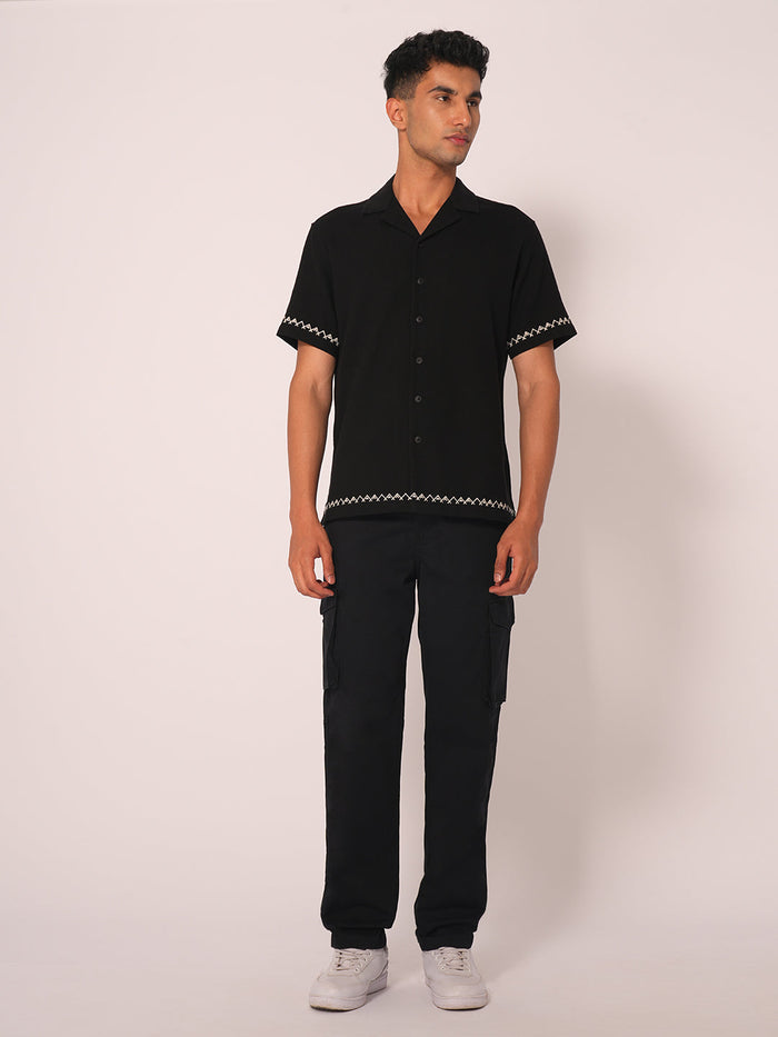 Black Cuban Collar Cotton Shirt