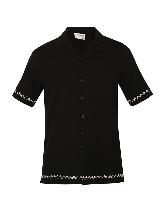 Black Cuban Collar Cotton Shirt
