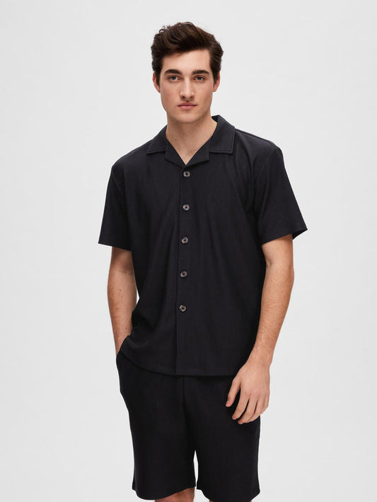 Black Ribbed Cuban Collar Shirt