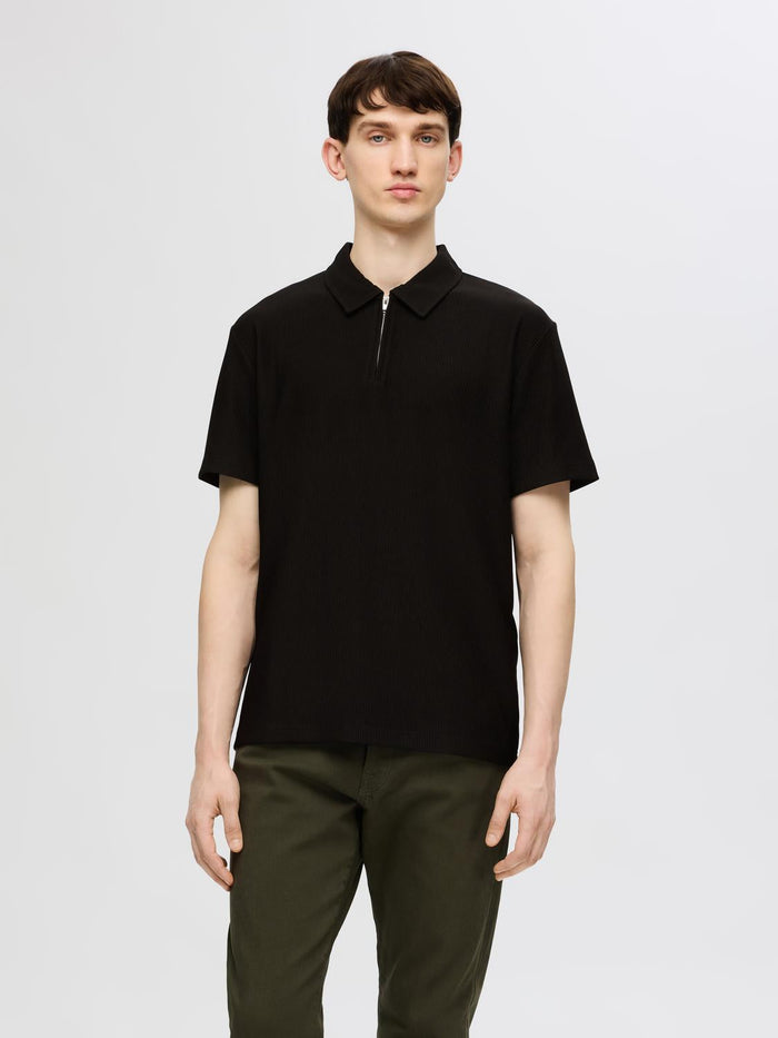 Black Zip-Up Plisse Polo