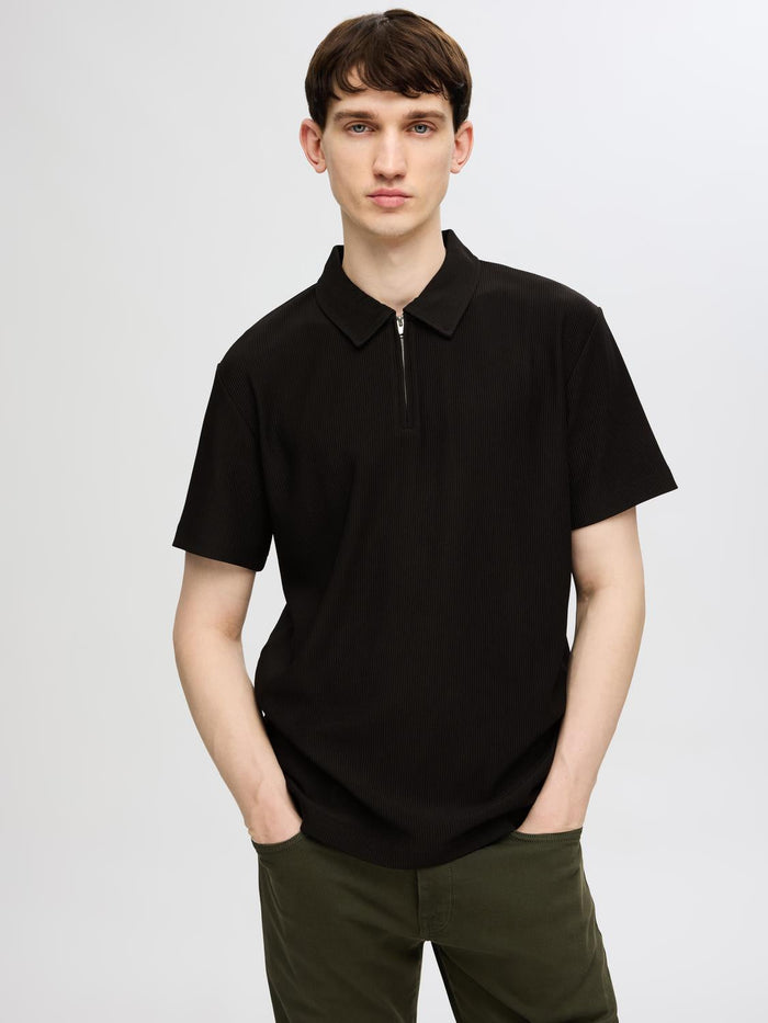 Black Zip-Up Plisse Polo