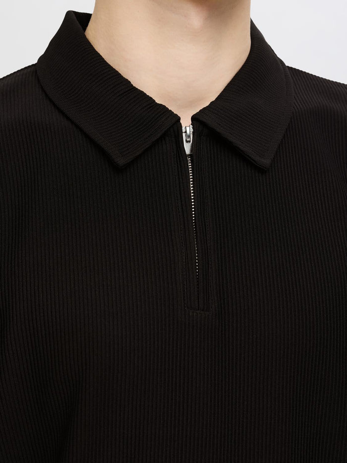 Black Zip-Up Plisse Polo