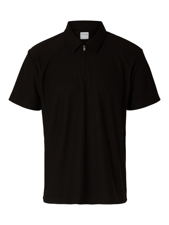Black Zip-Up Plisse Polo