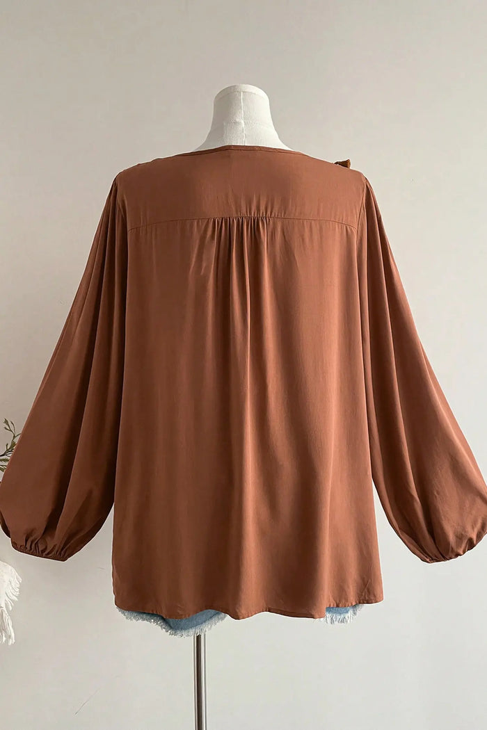 Boho V Neck Embroidered Tassel Long Sleeve Plus Size Blouse – Chestnut