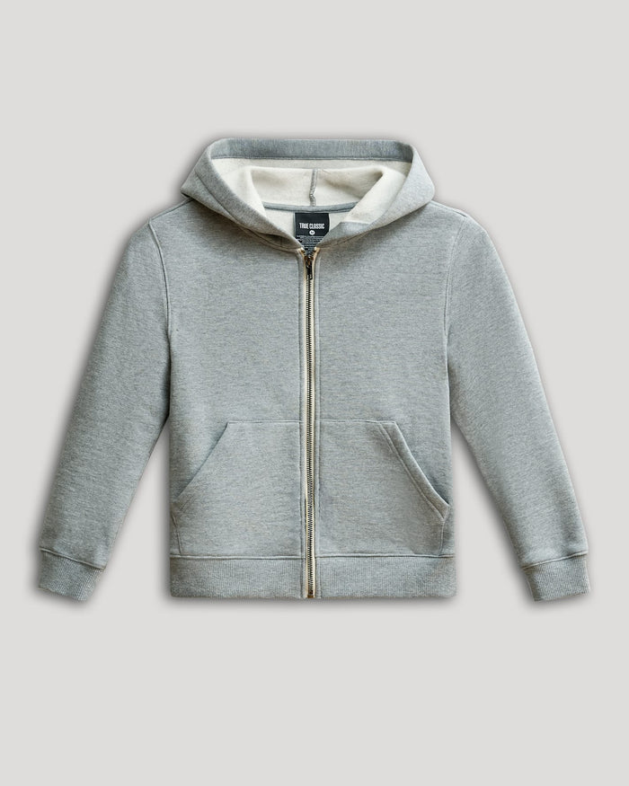 Boys' Medium Heather Gray Fleece Full Zip Hoodie with kangaroo pockets.