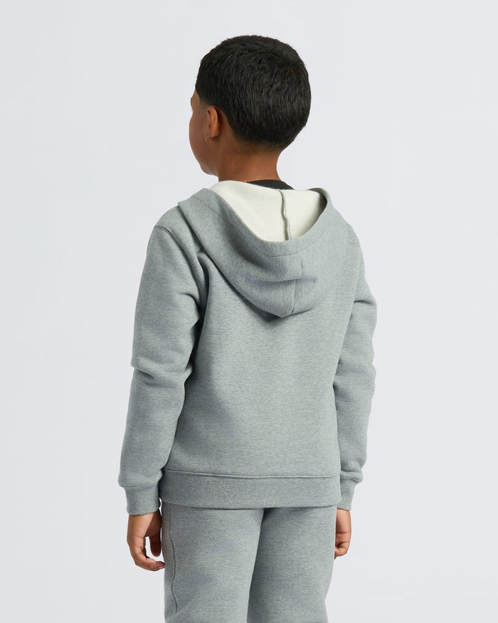 Boy wearing Boys' Medium Heather Gray Fleece Full Zip Hoodie, back view.
