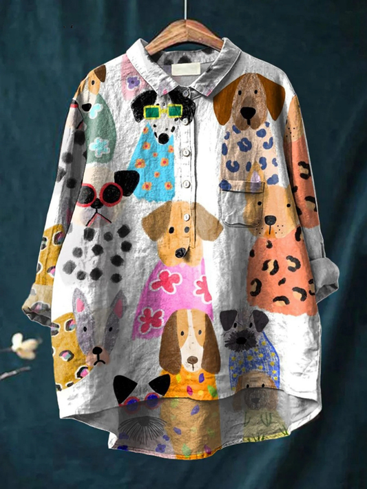 Brigitte | Women's Colorful Fun Cartoon Puppy Print Casual  Shirt