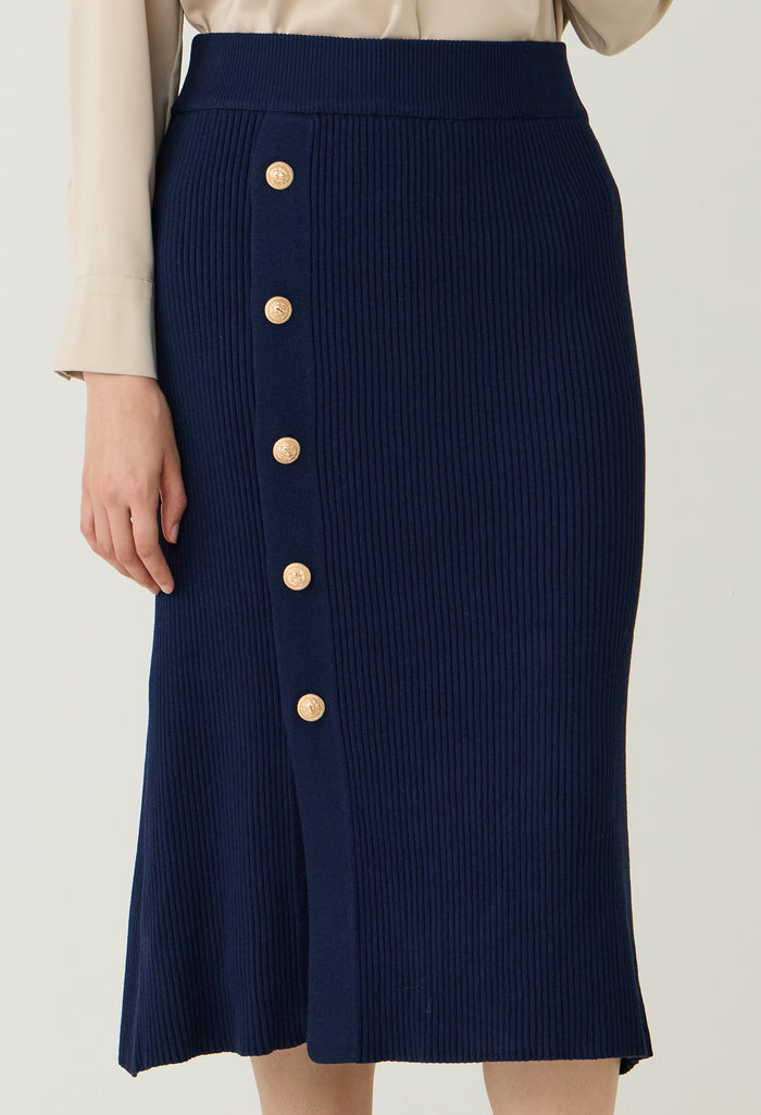 Buttons Ribbed Knitted Midi Skirt