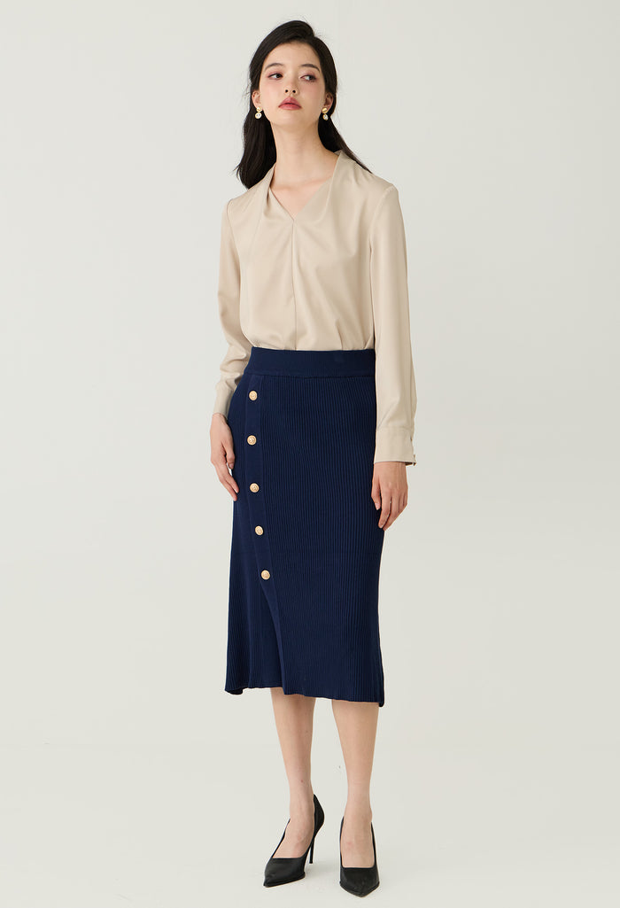 Buttons Ribbed Knitted Midi Skirt